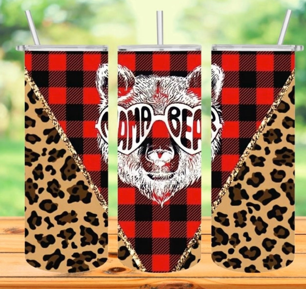 Plaid and Leopard Mama Bear tumbler